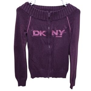DKNY purple zip up sweater with pink accents